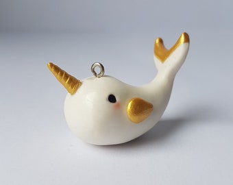 White & Gold Narwhale Charm (polymer clay)