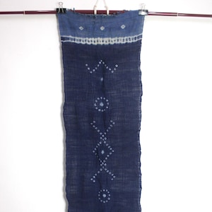 May include: A rectangular indigo blue textile wall hanging featuring a tie-dye shibori pattern. The fabric displays a deep blue centre with white geometric shapes and circular motifs, bordered by lighter blue bands at the top and bottom with fringe.