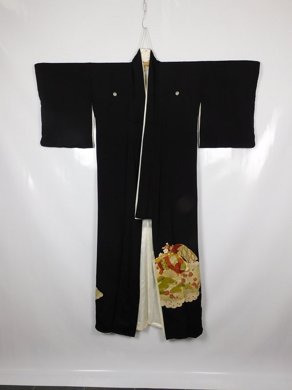 Japanese Kuro Tomesode Kimono Black Abstract 5 Cr… - image 3