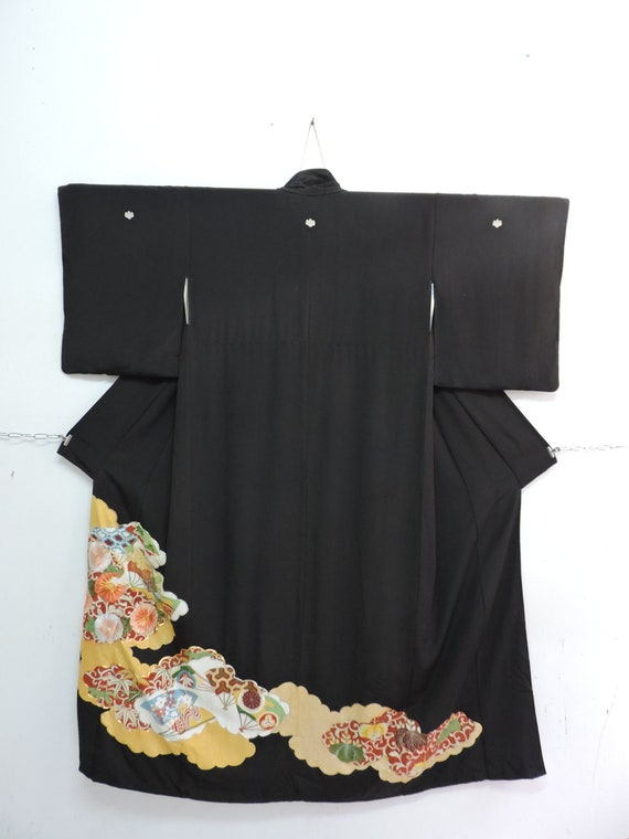 Japanese Kuro Tomesode Kimono Black Abstract 5 Cr… - image 1