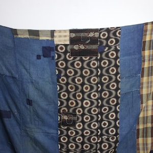 vintage Japanese Indigo Blue Aizome Plaids Ikat Kasuri Cotton Boro Fabric 65 inch x 64 inch Kimono Noragi Patchwork 270724-05