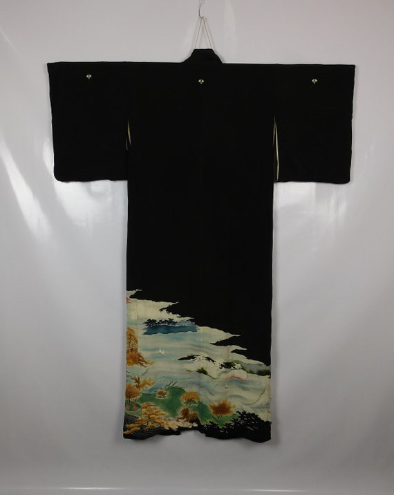 Japanese Kuro Tomesode Kimono Black Abstract 5 Cr… - image 4