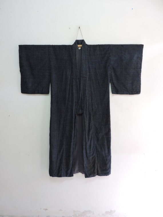 Japanese Mens Yukata Cotton Blue Indigo Ikat Kasu… - image 3