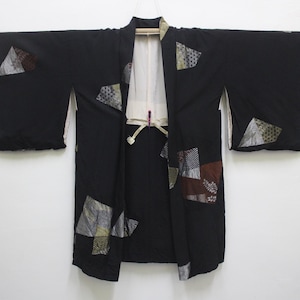 For Sell Japanese Naga Haori Kimono Outer Short Jacket Cardigan Black Color Abstract Geometric Flower Xmas Gift Present 270924-01