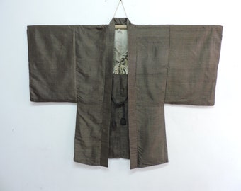 Japanese Mens Haori Kimono Outer Jacket Brown Samurai Cosplay Oshima Tsumugi Hidden Pattern of Tiger H140421-06