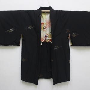 For Sell Japanese Haori Kimono Outer Short Jacket Cardigan Black Color Art Literature Patterns Weaving Xmas Gift Present 270924-04