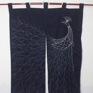 Sashiko Embroidered Peacock Design Japanese Cotton Indigo Dyed Curtain Noren Fabric Noragi Two Panels 120725-09