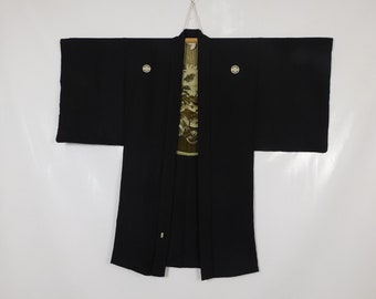 Japanische Herren Haori Schwarz mit 5 Familienwappen Mon Folkwear Kurze Kimono-Außenjacke Strickjacke für Ihn 080222-05