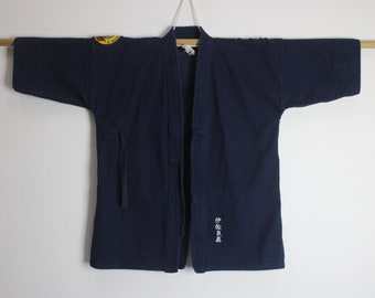 Tamanho 1 1/2 SHIDOKAN OKINAWA Japonês Indigo Azul Algodão Sashiko Kendo Gi Aikido Budo Kimono Jaqueta Noragi Haori Boro Cosplay Kanji 130724-20
