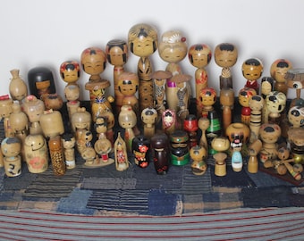 vintage wholesale mix variety lot of 55 Kokeshi dolls assorted styles sizes patterns hand painted Japanese Wooden Toy 6.5cm to 37cm