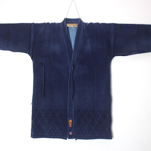 mens sz Large Japanese Blue Cotton Sashiko Kendo Gi Aikido Budo Kimono Jacket Noragi Boro Aizome Indigo Diamond Weave 150825-03