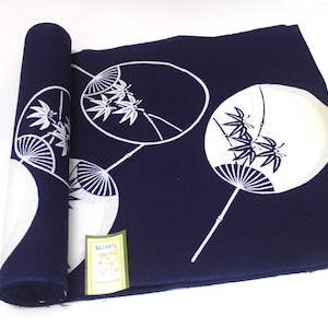 Japanese Kimono Yukata Cotton Navy Blue Fabric Bolt Bamboo Fan Motifs 270725-05