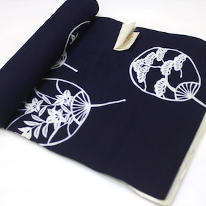 Japanese Kimono Yukata Cotton Navy Blue Fabric Bolt Botanical Fan Motifs 270725-06