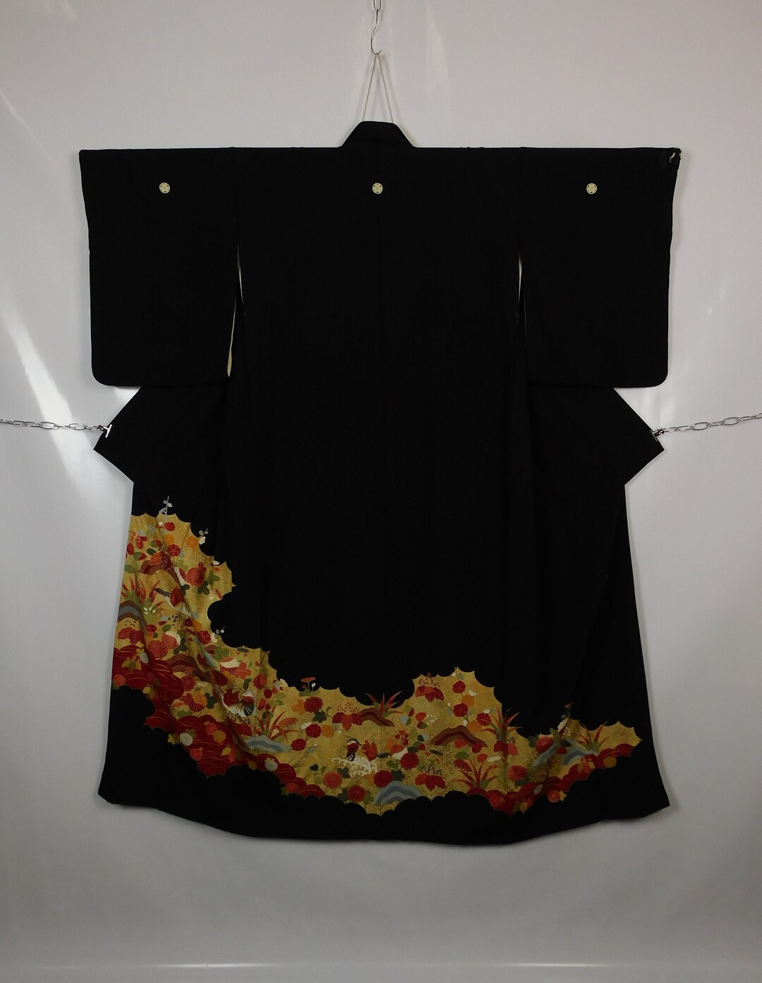 Japanese Kuro Tomesode Kimono Black Abstract 5 Crests Mon Pattern of ...