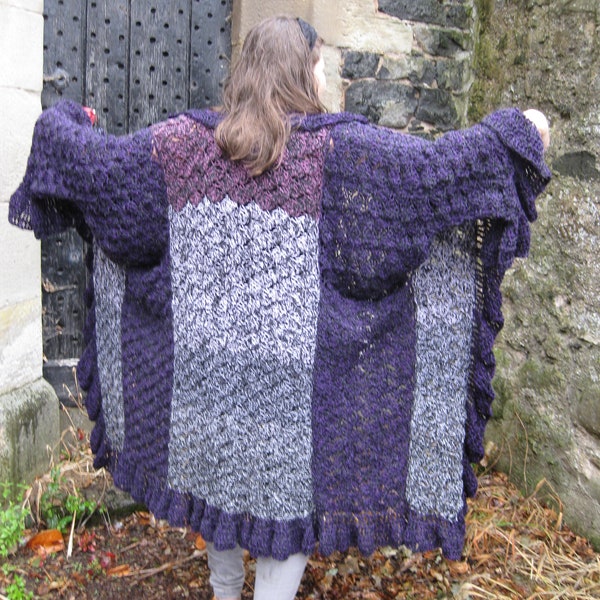 unique crochet cardigan coat handmade purple silver fits size 14 to 18 Large Stevie Nicks Daisy Jones style