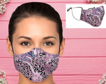 Pink Leopard Tiger Cat Animal Print Pattern Fitted Fabric Face Mask,Adjustable ear loops, Washable & Re-usable Face Covering, Ships from USA