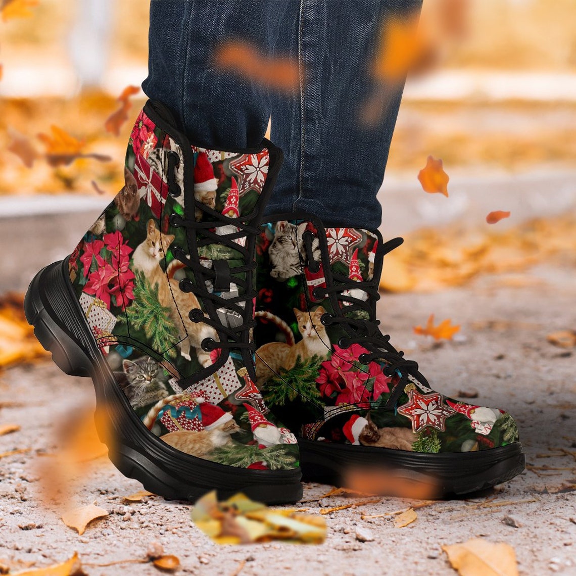 Psychedelic Christmas Pattern Print Men Women Leather Boots