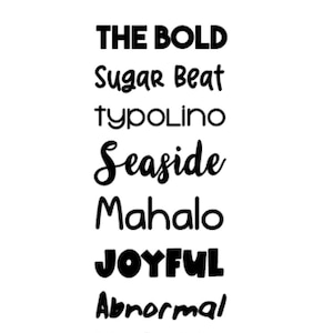 Puede incluir: Una lista de nombres de fuentes en texto negro sobre un fondo blanco. Los nombres de las fuentes son: The Bold, Sugar Beat, typolino, Seaside, Mahalo, JOYFUL, Abnormal y Kolette.
