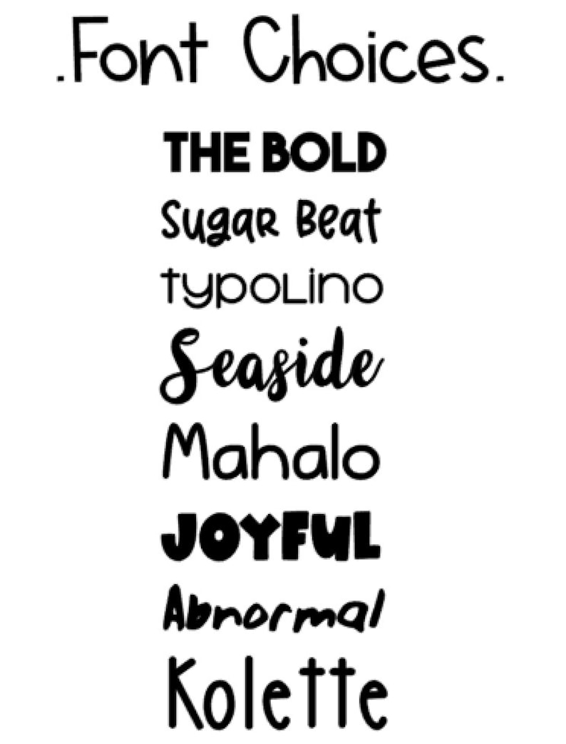 Puede incluir: Una lista de nombres de fuentes en texto negro sobre un fondo blanco. Los nombres de las fuentes son: The Bold, Sugar Beat, typolino, Seaside, Mahalo, JOYFUL, Abnormal y Kolette.