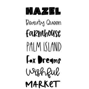 Puede incluir: Una lista de nombres de fuentes en varios estilos, incluyendo "Hazel", "Beauty Queen", "Farmhouse", "Palm Island", "Fox Dreams", "Wishful", "Market" y "Marvelous".