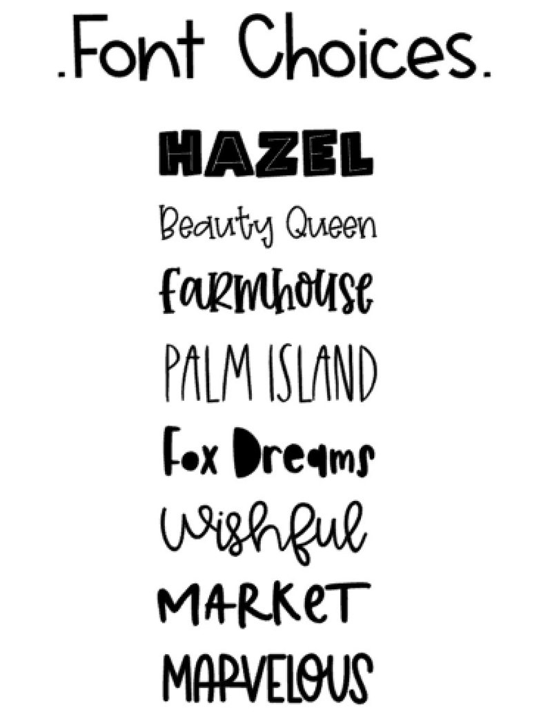 Puede incluir: Una lista de nombres de fuentes en varios estilos, incluyendo "Hazel", "Beauty Queen", "Farmhouse", "Palm Island", "Fox Dreams", "Wishful", "Market" y "Marvelous".