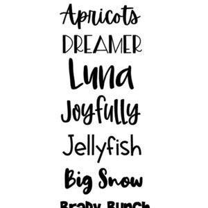 Puede incluir: Una lista de nombres de fuentes en texto negro sobre un fondo blanco. Los nombres de las fuentes son: Apricots, DREAMER, Luna, Joyfully, Jellyfish, Big Snow, Brady Bunch, Juniper.
