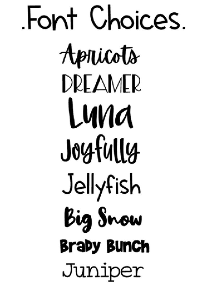 Puede incluir: Una lista de nombres de fuentes en texto negro sobre un fondo blanco. Los nombres de las fuentes son: Apricots, DREAMER, Luna, Joyfully, Jellyfish, Big Snow, Brady Bunch, Juniper.