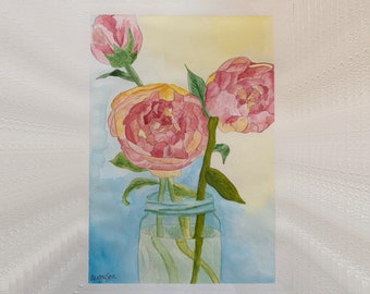 Peony Watercolor / Mason Jar Flowers / Farmhouse / Pink Peony / Watercolor Art / Pink / Blue / Yellow