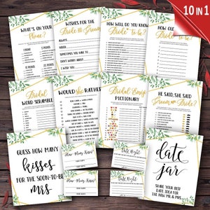May include: A set of 10 printable bridal shower games with a green and gold floral theme. The games include "What's on Your Phone?", "Wishes for the Bride and Groom", "How Well Do You Know the Bride to Be?", "How Old is the Bride to Be?", "Bridal Word Scramble", "Would She Rather", "Bridal Emoji Pictionary", "He Said, She Said Groom or Bride?", "Guess How Many Kisses for the Soon-to-Be Mrs", and "Date Jar".