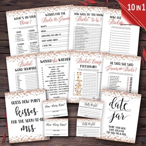 May include: A set of 10 printable bridal shower games with a rose gold glitter background. The games include "What's on Your Phone?", "Wishes for the Bride and Groom", "How Well Do You Know the Bride to Be?", "How Old is the Bride?", "Bridal Word Scramble", "Would She Rather", "Bridal Emojiictionary", "He Said, She Said Groom or Bride?", "Guess How Many Kisses for the Soon-to-Be Mrs", and "Date Jar".