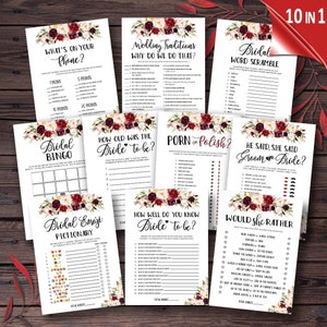 Shower Game Bundle, Bridal Shower Games Printable, Bridal Shower Game Idea, Bridal Shower Instant Dow,red burgundy, Bridal Shower Game mxv49