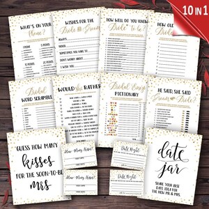 May include: A set of 10 printable bridal shower games with gold glitter confetti on a white background. The games include "What's on Your Phone?", "Wishes for the Bride and Groom", "How Well Do You Know the Bride to Be?", "How Old is the Bride?", "Bridal Word Scramble", "Would She Rather", "Bridal Emoji Pictionary", "He Said, She Said Groom or Bride?", "Guess How Many Kisses for the Soon-to-Be Mrs", and "Date Jar".