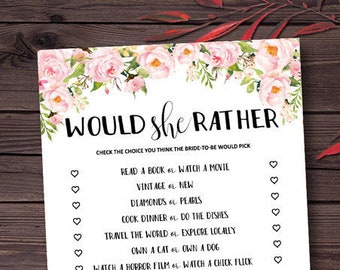 Would She Rather, Bridal Shower Games, Floral Bridal Shower Game, Bridal Shower Instant Download, Printable, Wedding Shower Game, mxv34