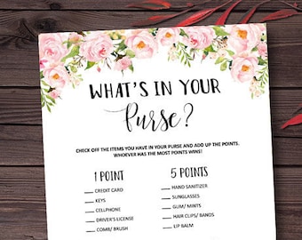 What's in your purse, Bridal Shower Games Printable, Floral Bridal Shower Games, Bridal Shower Game, Purse Game, Printable, Bag Game, vxm06