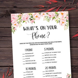 ¿Qué hay en tu juego de teléfono?, Juegos de despedida de soltera imprimibles, Ducha de boda, Descarga instantánea, Juego de bolso nupcial, Despedida de soltera mxv78