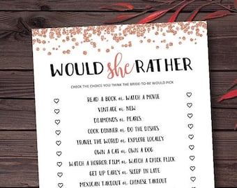 Would She Rather, Rose Gold, Bridal Shower Games, Bridal Shower Game Idea, Bridal Game Printable, Bridal Shower, Wedding Shower Game mxv33