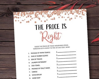 May include: A printable game card with a rose gold glitter background. The game is called "The Price is Right" and asks players to guess the prices of household items.
