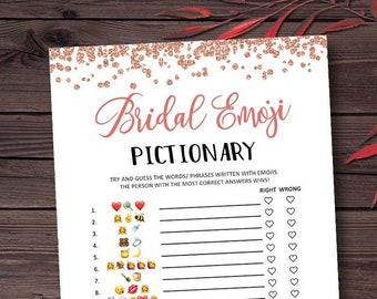 May include: A printable bridal shower game with a pink and gold glitter background. The game is called "Bridal Emoji Pictionary" and players must guess the words or phrases written with emojis.  The game includes 15 lines with emojis and a space to mark right or wrong answers.
