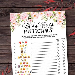 May include: A printable bridal shower game with a floral border. The game is called "Bridal Emoji Pictionary" and instructs players to guess the words or phrases written with emojis. The game includes 15 emoji phrases and a scoring section for right and wrong answers.