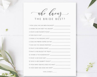 Who Knows The Bride Best Bridal Shower Game, Printable Bridal Shower Games, How Well Do You Know the Bride, Bridal Party Games, marsxv