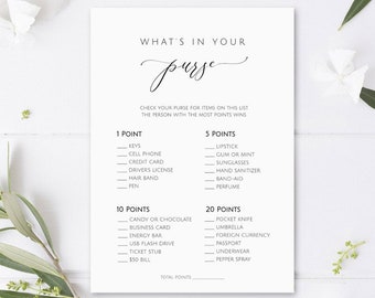 What's In Your Purse Game Bridal Shower Game, Printable Bridal Shower Games, Bridal Party Games, Whats In Your Bag, Purse Game, marsxv