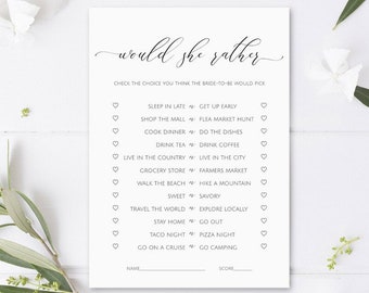 Would She Rather Bridal Shower Game, Printable Bridal Shower Games, Wedding Shower Games, Minimalist, Who Knows the Bride Best,Rustic,marsxv