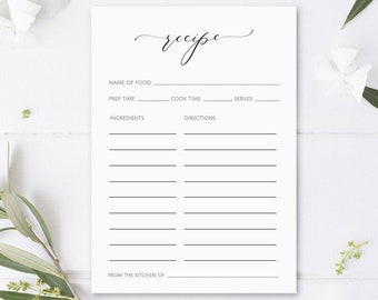 Printable Recipe Card Template, Recipe Cards, Bridal Shower Recipe Card Insert, Modern Recipe Card, Recipe Cards Printable, Instant, marsxv