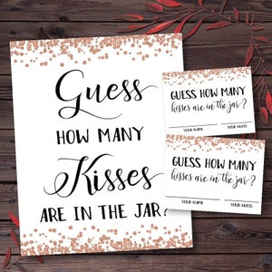 Guess How Many Kisses Are In The Jar Game Bridal Shower Games Printable Bachelorette Party Guessing Game Rose Gold Weding Shower Game vxm28