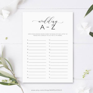 Wedding A-Z Game, Bridal Alphabet Game, Printable Bridal Shower Games, Wedding Shower Game, Wedding A to Z, Wedding Alphabet Game, marsxv