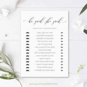 He Said She Said Bridal Shower Game, Guess Who Said It, Printable Bridal Shower Games, Bride or Groom Game, Wedding Shower Games, marsxv