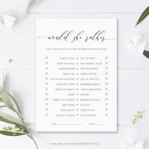 Would She Rather Bridal Shower Game, Printable Bridal Shower Games, Wedding Shower Games, Minimalist, Who Knows the Bride Best,Rustic,marsxv