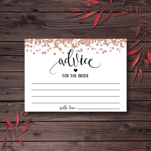 May include: A white card with a rose gold glitter border and the text "advice for the bride" in black script. There are lines for writing and the text "with love" at the bottom.