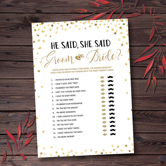 He Said She Said Bridal Shower Game Bride Or Groom Game Etsy