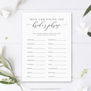 Finish the Bride's Phrase, Bridal Shower Game, Printable Bridal Shower ...